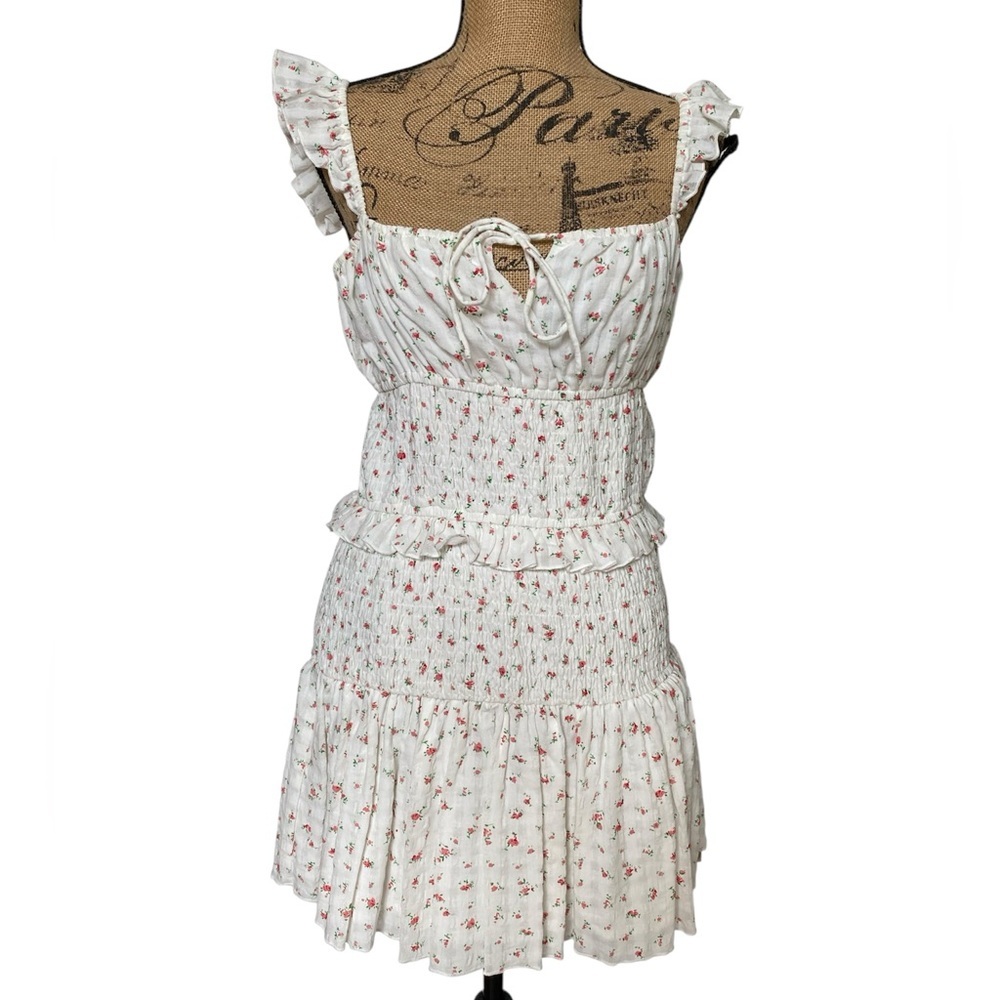 Mable New White Floral Romantic Smocked Ruched Mini Dress Size Large NWT